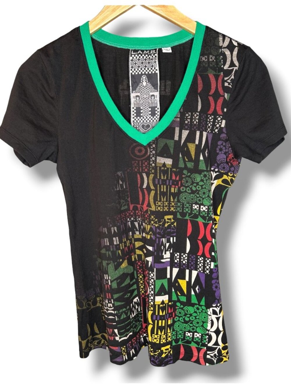 L.A.M.B. V Neck Geometric Tribal Fade Black T Shirt Fall 2008